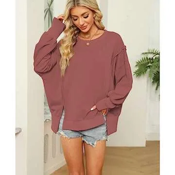 Hixiaohe Women's Oversized Crewneck Sweatshirts Casual Long Sleeve Side Split Pullover Tops Fall Slouchy Hoodie(Red Brown,S)