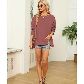 Hixiaohe Women's Oversized Crewneck Sweatshirts Casual Long Sleeve Side Split Pullover Tops Fall Slouchy Hoodie(Red Brown,S)