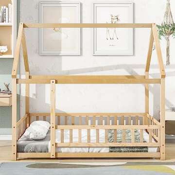 Montessori Floor Bed with Roof & Safety Guardrails for Kids