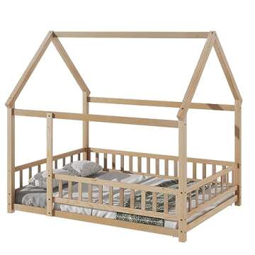 Montessori Floor Bed with Roof & Safety Guardrails for Kids