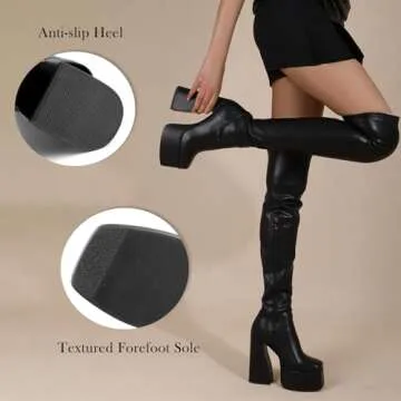LanreyTaley Platform Thigh High Boots for Women Chunky Block Heels Over The Knee Boots Stretch Go-Go Boot Square Toe Party Boots with Zipper Black 36 Asian