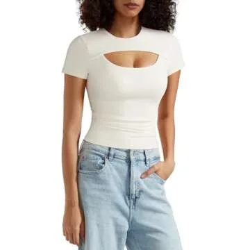 OMKAGI Double Lined Slim Fit T Shirts for Women Short Sleeve Crew Neck Crop Top(M,86-Cream White)