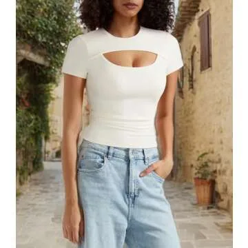 OMKAGI Double Lined Slim Fit T Shirts for Women Short Sleeve Crew Neck Crop Top(M,86-Cream White)