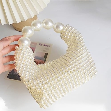 Miuco Pearl Clutch Handbag Women's Glittering Dinner Purse Party Wedding Prom Evening Bags White