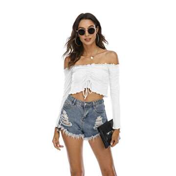 Famulily Women's Sexy Off Shoulder Frill Drawstring Knit Long Sleeve Crop Tops Tube(White,Small)