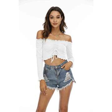 Famulily Women's Sexy Off Shoulder Frill Drawstring Knit Long Sleeve Crop Tops Tube(White,Small)