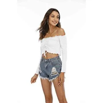 Famulily Women's Sexy Off Shoulder Frill Drawstring Knit Long Sleeve Crop Tops Tube(White,Small)