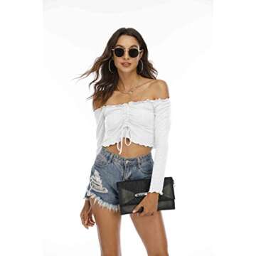 Famulily Women's Sexy Off Shoulder Frill Drawstring Knit Long Sleeve Crop Tops Tube(White,Small)
