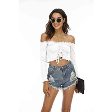 Famulily Women's Sexy Off Shoulder Frill Drawstring Knit Long Sleeve Crop Tops Tube(White,Small)