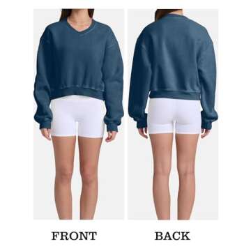 Hatant Fleece Hoodies for Women Casual Hoodie V-neck Hoodie Women Sweatshirt Washed Hoodie Long Sleeve Tops For Women Blue