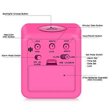 Alarm Clock, Digital Clocks,Snooze NightLight Alarm Clocks for Students Back to School, Kids & Teens (Hot Pink)