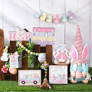 14 Pieces Easter Tiered Tray Decorations Includes 1 Pc Easter Gnomes Bunny Plush Doll 3D Wooden Cent...