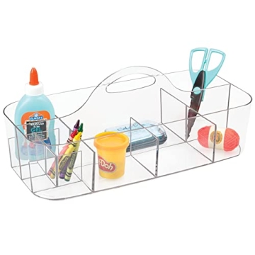 mDesign Plastic Portable Craft Storage Organizer Caddy Tote, Divided Basket Bin with Handle for Craft, Sewing, Art Supplies - Holds Paint Brushes, Colored Pencils, Stickers, Glue, X-Large - Clear
