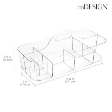 mDesign Plastic Portable Craft Storage Organizer Caddy Tote, Divided Basket Bin with Handle for Craft, Sewing, Art Supplies - Holds Paint Brushes, Colored Pencils, Stickers, Glue, X-Large - Clear