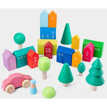 Moderngenic Little Houses Set - Colorful Wooden Toys for Kids