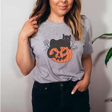 Halloween Pumpkin Shirts Women Fall T-Shirts Cute Autumn Graphic Tees Thanksgiving Tops