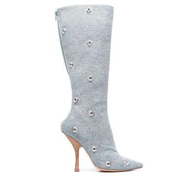 Arqa Womens Stiletto Heel Knee High Boots Pointed Toe Applique Denim Boot with Zipper Silver Buttons Fall Slouchy Boot Blue Size 8.5