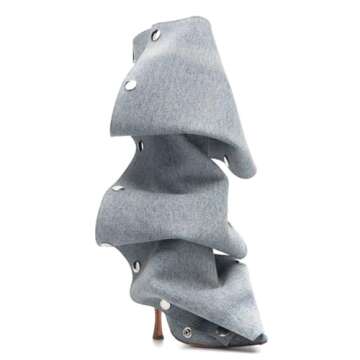 Arqa Womens Stiletto Heel Knee High Boots Pointed Toe Applique Denim Boot with Zipper Silver Buttons Fall Slouchy Boot Blue Size 8.5