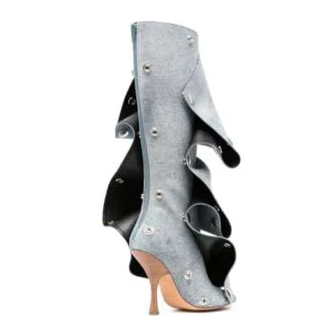 Arqa Womens Stiletto Heel Knee High Boots Pointed Toe Applique Denim Boot with Zipper Silver Buttons Fall Slouchy Boot Blue Size 8.5