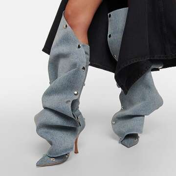 Arqa Womens Stiletto Heel Knee High Boots Pointed Toe Applique Denim Boot with Zipper Silver Buttons Fall Slouchy Boot Blue Size 8.5