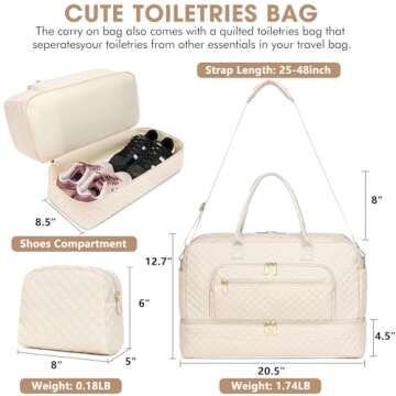 Weekender Overnight Bag Women: Large Travel Duffle Bag with Shoe Compartment & Wet Pocket Carry On Tote Bag Gym Duffel Bag with Toiletry Bag Bag for Hospital Beige