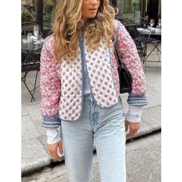 Yimoon Women's Cropped Puffer Jacket Floral Print Lightweight Short Padded Quilted Coat Open Front Valentines Day Winter Outwear(Pink-S)