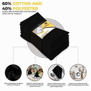 Utopia Kitchen Black Cloth Napkins [12 Pack, 18x18 Inch] Absorbent Cotton Blend Washable and Reusable for Dinner, Restaurant, Lunch, Wedding and Hotel
