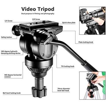 Neewer Professional 61 inches/155 Centimeters Aluminum Alloy Video Camera Tripod with 360 Degree Fluid Drag Head,1/4 and 3/8-inch Quick Release Plate and Bag,Load up to 13.2 pounds/6 kilograms