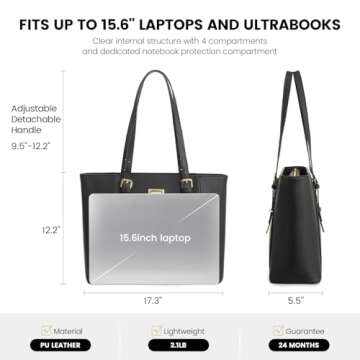 Laptop Bag for Women Large Office Handbags Briefcase Fits Up to 15.6 inch (Updated Version)-Black