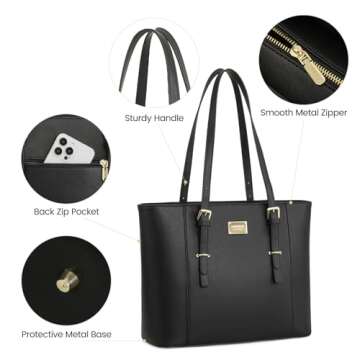 Laptop Bag for Women Large Office Handbags Briefcase Fits Up to 15.6 inch (Updated Version)-Black