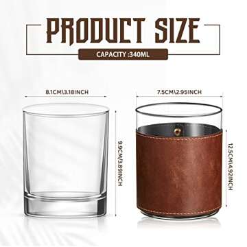 2 Sets Leather Rocks Glasses 11.5 oz Leather Wrapped Whiskey Glasses with Gift Box Glass Sleeve Bour...
