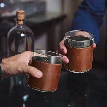 2 Sets Leather Rocks Glasses 11.5 oz Leather Wrapped Whiskey Glasses with Gift Box Glass Sleeve Bourbon Glass Gift for Men Father (Brown)