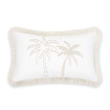 Hofdeco Premium Fall Coastal Patio Indoor Outdoor Lumbar Pillow Cover Only, 12"x20" Water Repellent for Backyard, Couch, Neutral Tan Embroidered Coconut Tree with Fringed Trim