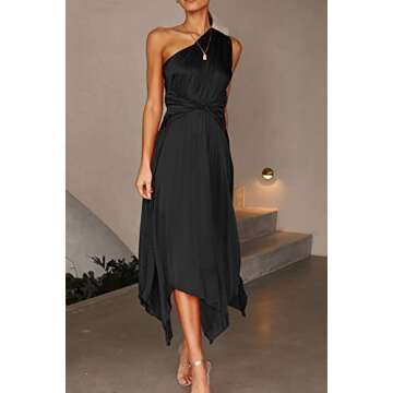 PRETTYGARDEN Women's Summer Long Satin Dress One Shoulder Sleeveless Ruched Twist Flowy Maxi Dresses