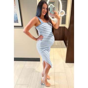 MEROKEETY Women's 2025 Spring Summer Striped Sweater Dress Sleeveless Tank Ribbed Knit Bodycon Midi Dresses with Slit, Blue, XL