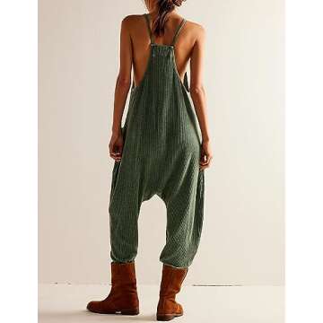 morhuduck Women's Sleeveless Jumpsuits Casual Waffle Knit Rompers V Neck Loose Overalls Spaghetti Strap One Piece Jumpsuits with Pockets,Green S