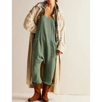 morhuduck Women's Sleeveless Jumpsuits Casual Waffle Knit Rompers V Neck Loose Overalls Spaghetti Strap One Piece Jumpsuits with Pockets,Green S