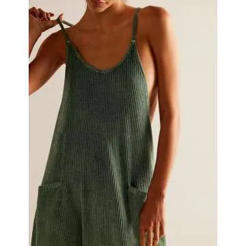 morhuduck Women's Sleeveless Jumpsuits Casual Waffle Knit Rompers V Neck Loose Overalls Spaghetti Strap One Piece Jumpsuits with Pockets,Green S