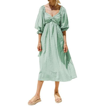 R.Vivimos Women's Summer Boho Cotton Puff Sleeve Dress Swiss Dots Lace Up Smocked Casual A-Line Flow...