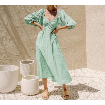 R.Vivimos Women's Summer Boho Cotton Puff Sleeve Dress Swiss Dots Lace Up Smocked Casual A-Line Flowy Midi Dress (Medium, Green)