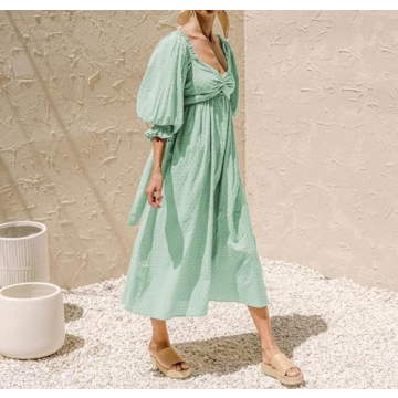R.Vivimos Women's Summer Boho Cotton Puff Sleeve Dress Swiss Dots Lace Up Smocked Casual A-Line Flowy Midi Dress (Medium, Green)