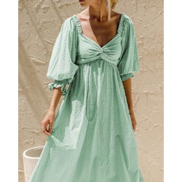 R.Vivimos Women's Summer Boho Cotton Puff Sleeve Dress Swiss Dots Lace Up Smocked Casual A-Line Flowy Midi Dress (Medium, Green)