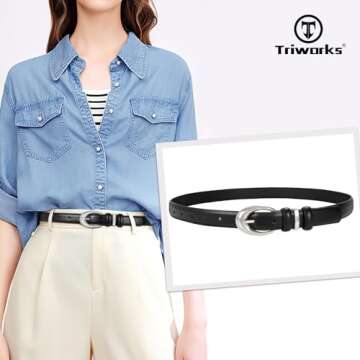 TRIWORKS Women Leather Belt for Jeans Pants Fashion Ladies Skinny Faux Leather Dress belt with Silver Buckle