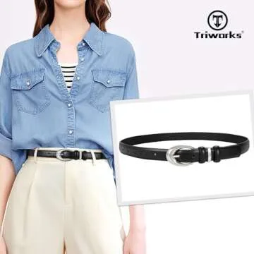 TRIWORKS Women Leather Belt for Jeans Pants Fashion Ladies Skinny Faux Leather Dress belt with Silver Buckle