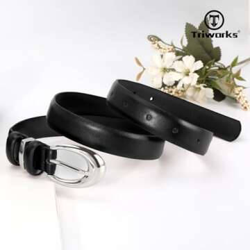 TRIWORKS Women Leather Belt for Jeans Pants Fashion Ladies Skinny Faux Leather Dress belt with Silver Buckle