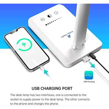 Ambertronix LED Desk Lamp with USB Charging Port, Dimmable Eye-Caring Reading Desk Light for Home, with 5 Brightness Level & 3 Lighting Modes, Touch Control, Auto Timer (White)