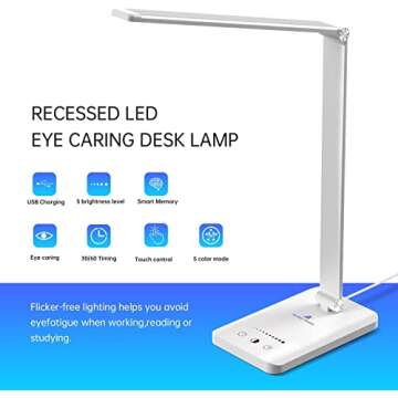 Ambertronix LED Desk Lamp with USB Charging Port, Dimmable Eye-Caring Reading Desk Light for Home, with 5 Brightness Level & 3 Lighting Modes, Touch Control, Auto Timer (White)