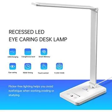 Ambertronix LED Desk Lamp with USB Charging Port, Dimmable Eye-Caring Reading Desk Light for Home, with 5 Brightness Level & 3 Lighting Modes, Touch Control, Auto Timer (White)