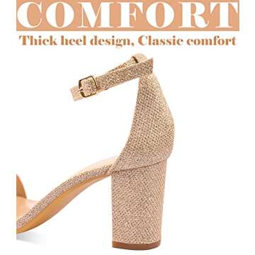 Ankis Gold Heels for Women - Open Toe Ankle Strap Chunky Heel Pump Sandals Party Wedding Strappy Buckle Sandals Standard Size 2.75 Inches Tall Thick Heel Design (Gold Glitter, numeric 8.5)