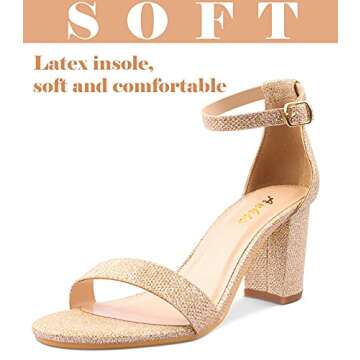 Ankis Gold Heels for Women - Open Toe Ankle Strap Chunky Heel Pump Sandals Party Wedding Strappy Buckle Sandals Standard Size 2.75 Inches Tall Thick Heel Design (Gold Glitter, numeric 8.5)